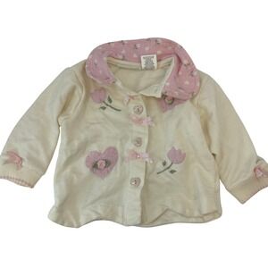 VTG Kid Zone Baby Girls Cream Pink Flower Heart Sweater Cardigan 6-9 Months